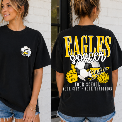 Custom Soccer School Spirit Mascot Top mockup showing the front and back design.