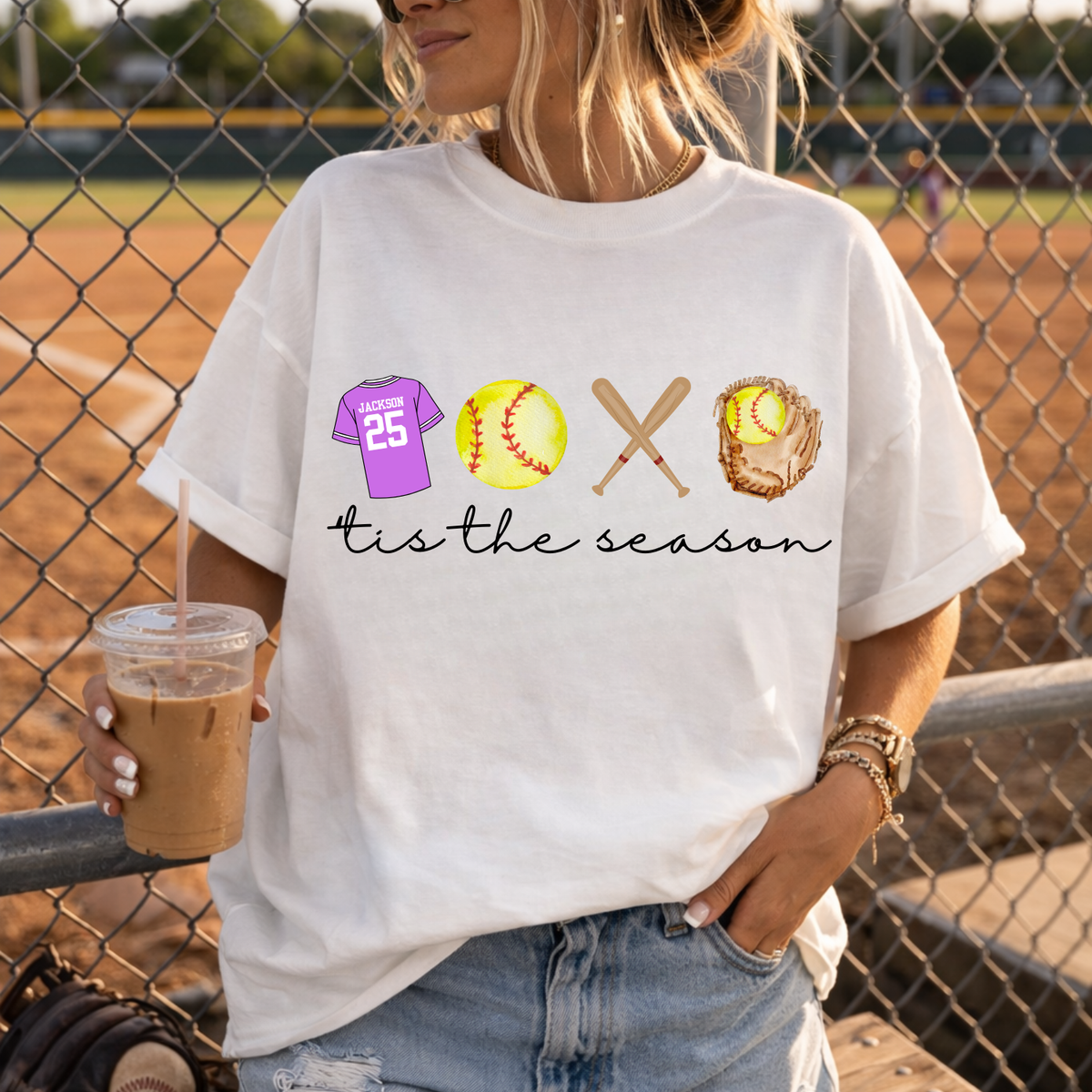 Custom Tis The Season Softball With Glove Top mockup showing the pictured apparel design.