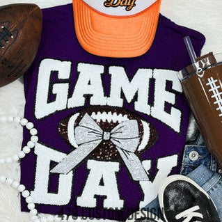 Game Day Football Sequin and Chenille Patch Top-White