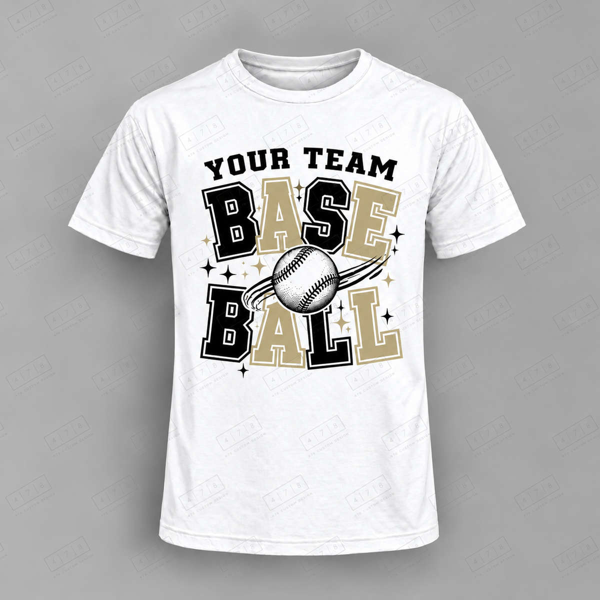Custom Sparkle Stacked Baseball Team Top apparel mockup with 478 Custom Design watermark