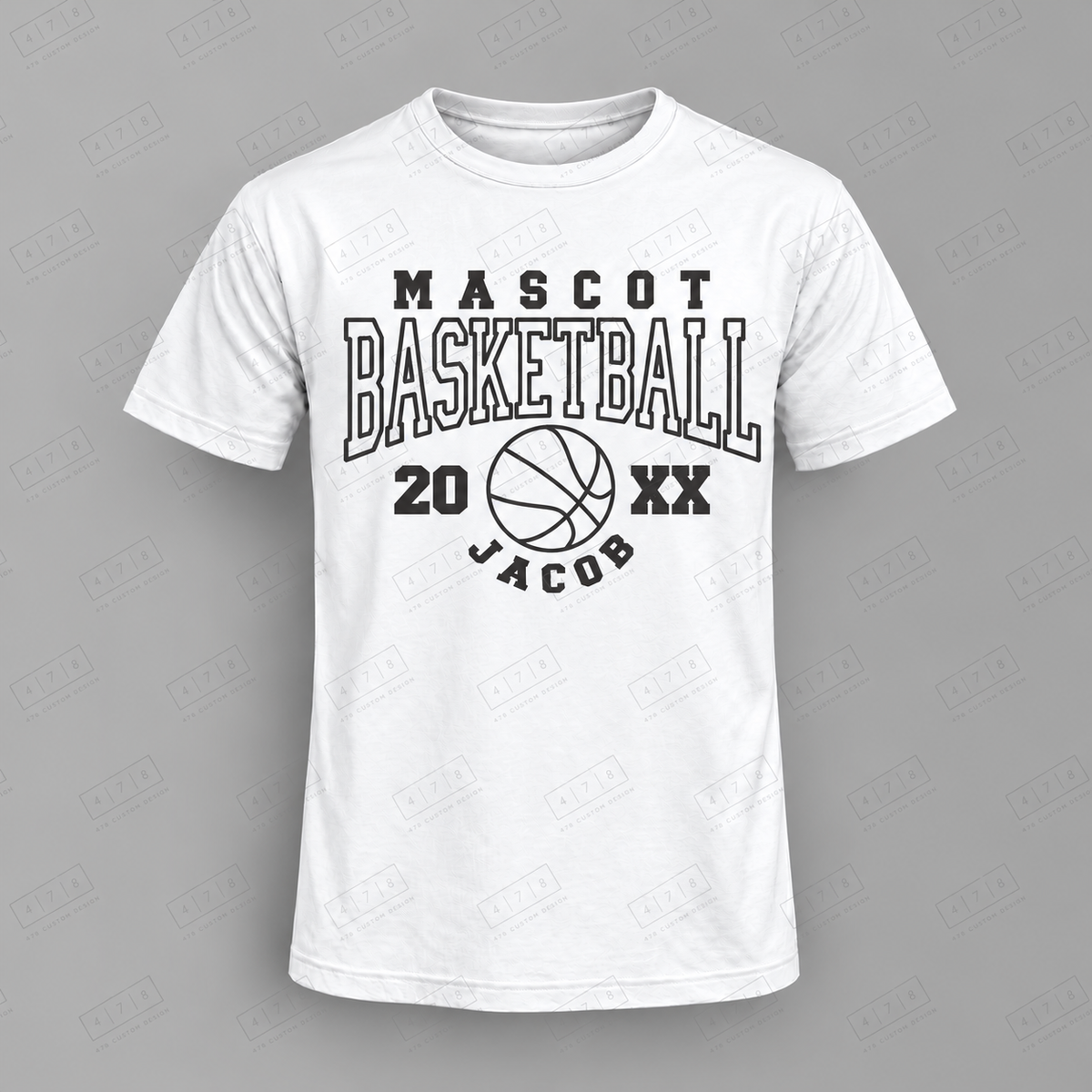 Custom Outline Name Number Basketball Top white shirt mockup with 478 Custom Design watermark