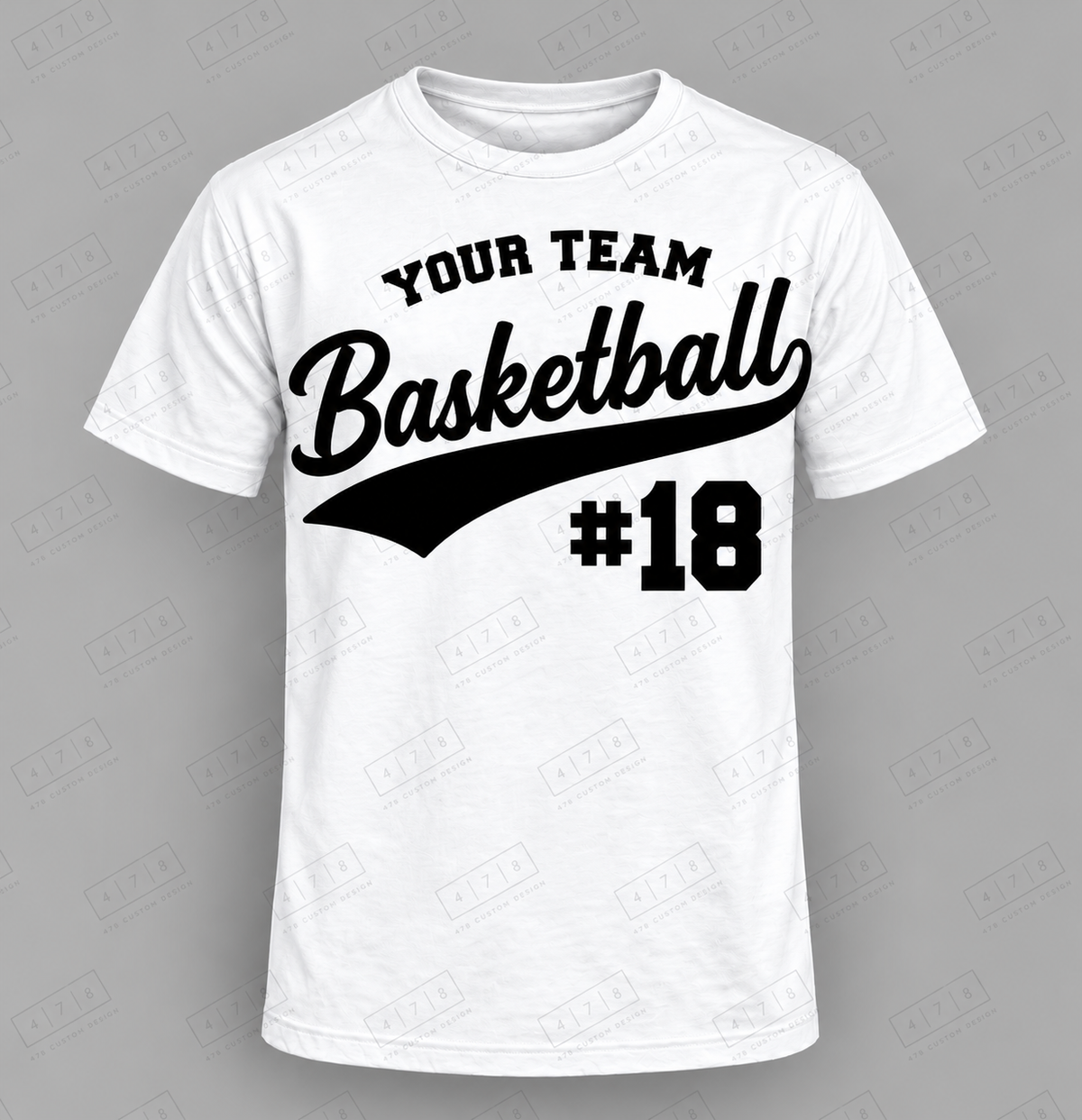 Custom Script Number Basketball Top white shirt mockup with 478 Custom Design watermark