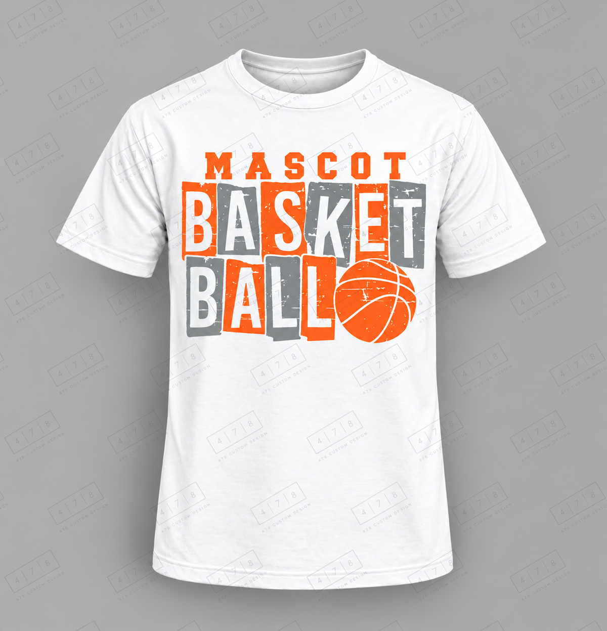 Custom Distressed Block Lettering Basketball Top white shirt mockup with 478 Custom Design watermark