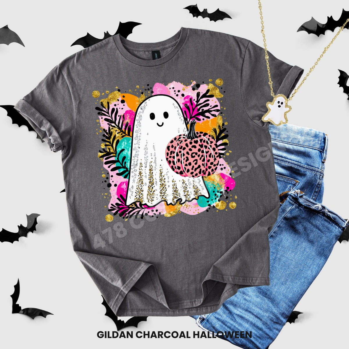 Bright faux glitter ghost with leopard pumpkin Halloween apparel mockup
