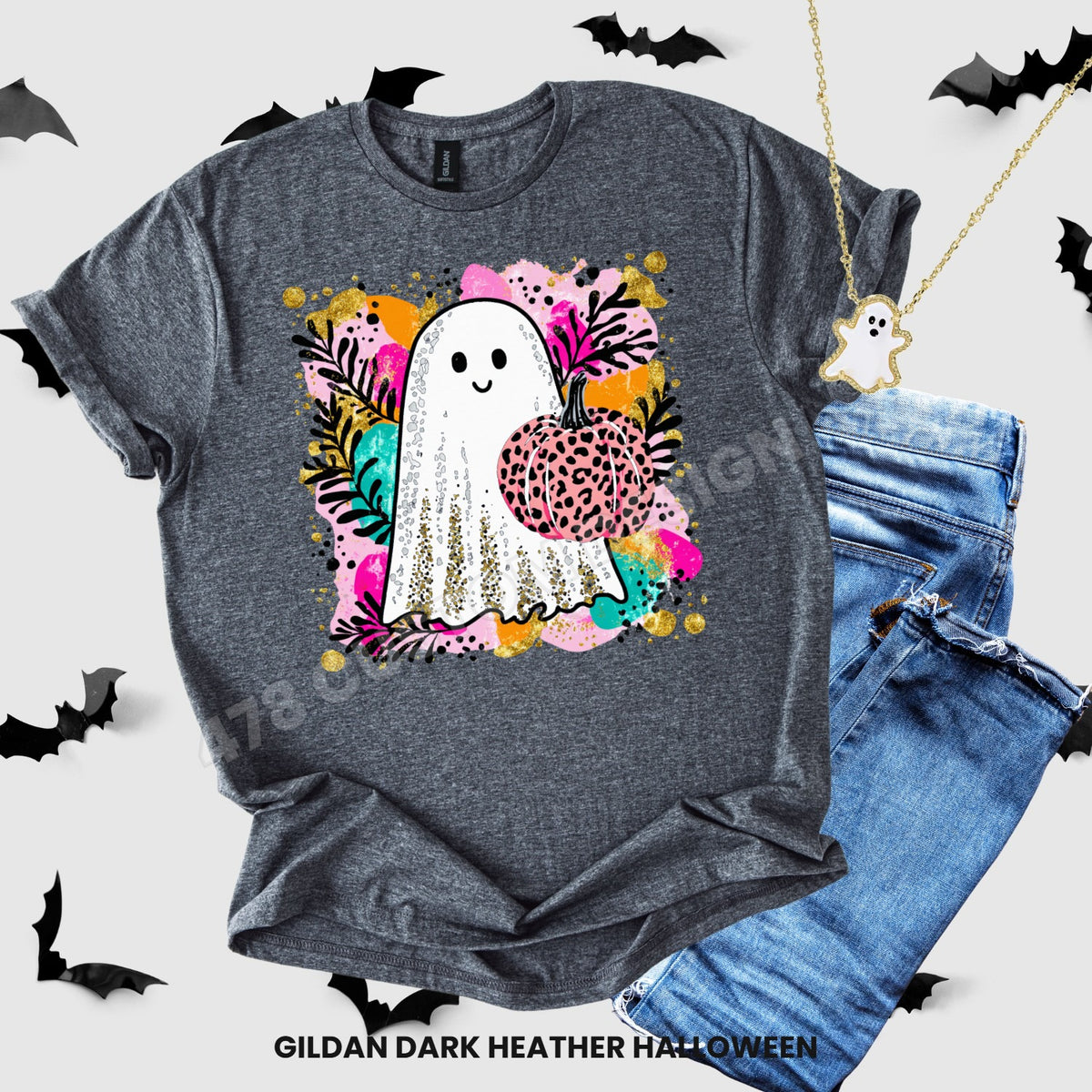 Bright faux glitter ghost with leopard pumpkin Halloween apparel mockup