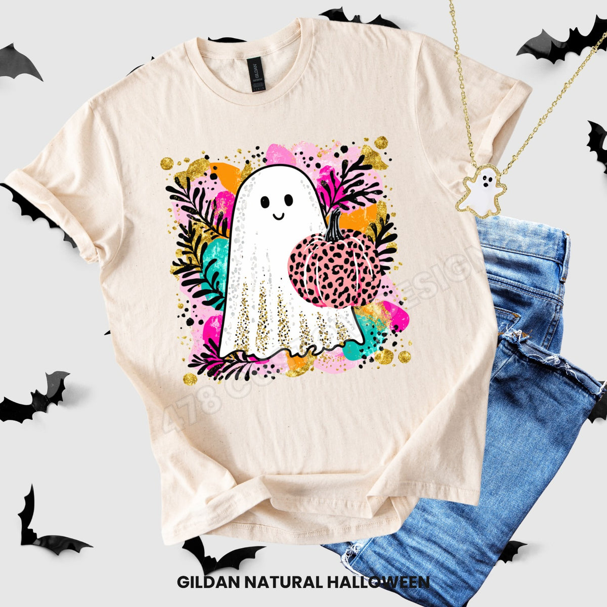Bright faux glitter ghost with leopard pumpkin Halloween apparel mockup