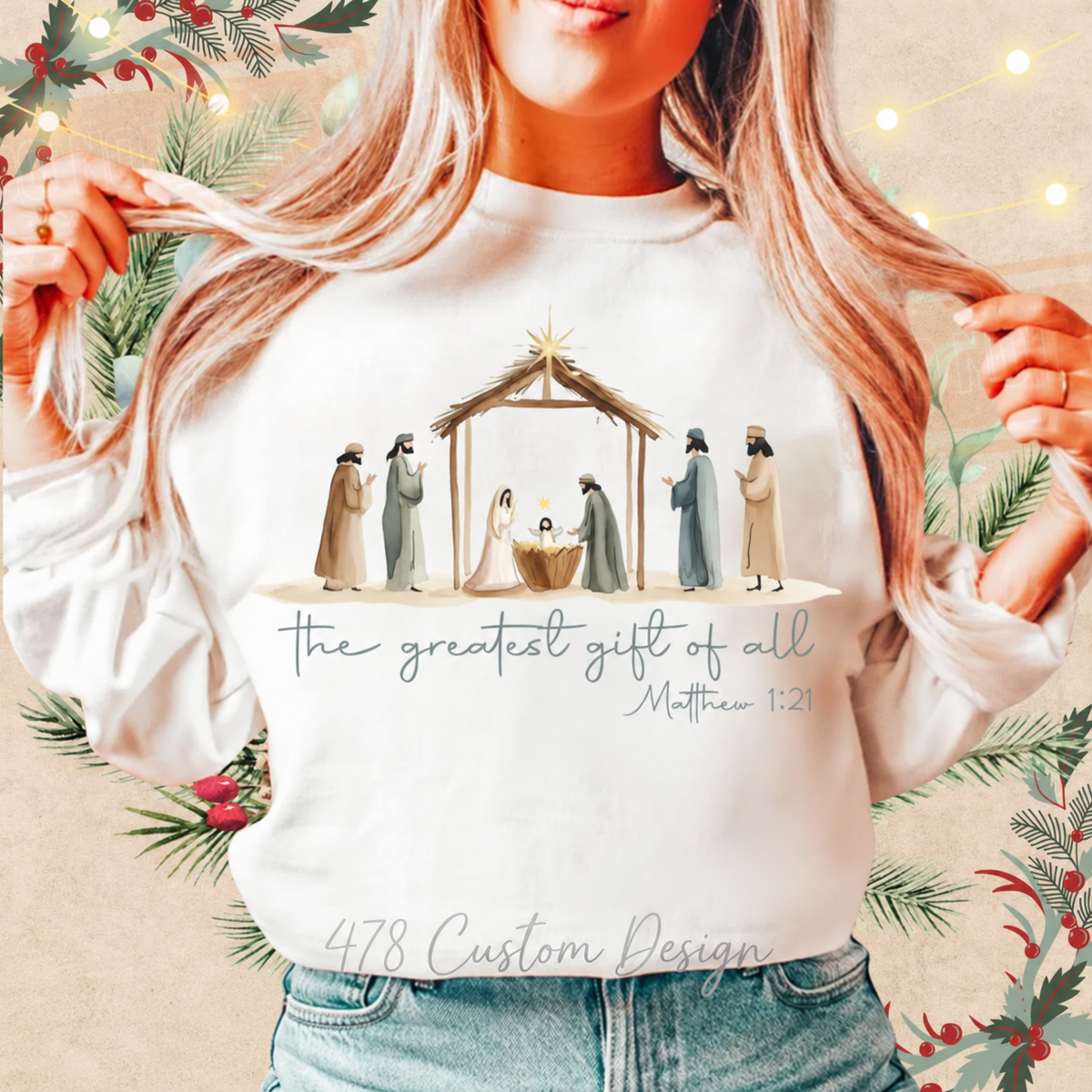 The Greatest Gift of All Neutral Nativity Top apparel mockup