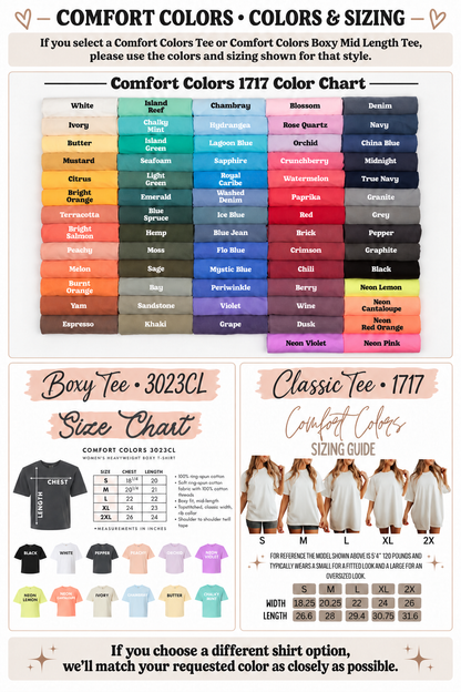 Comfort Colors Tee and Boxy Mid Length Tee color and size chart