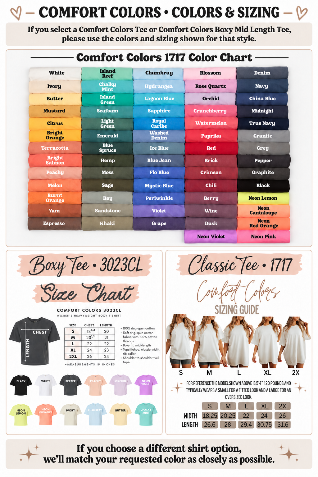 Comfort Colors size and color chart