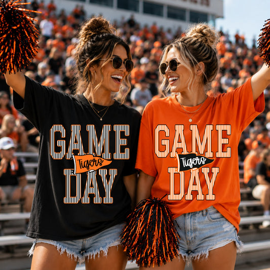 Custom striped Game Day design with team pennant on black and orange shirts