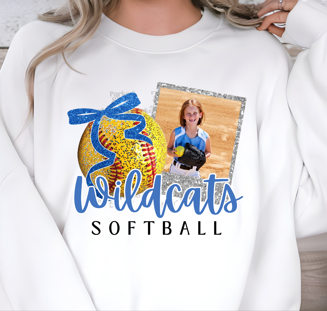 Custom Softball Faux Glitter Bow Photo Frame Top mockup showing the pictured apparel design.