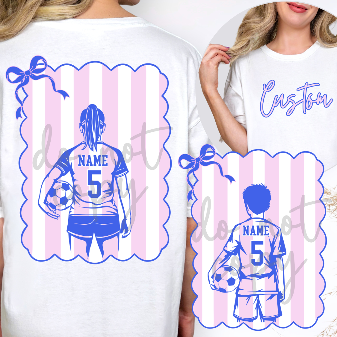 Custom Coquette Bow Stripes Boy And Girl Soccer Top mockup showing the pictured apparel design.