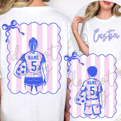Custom Coquette Bow Stripes Boy And Girl Soccer Top mockup showing the pictured apparel design.