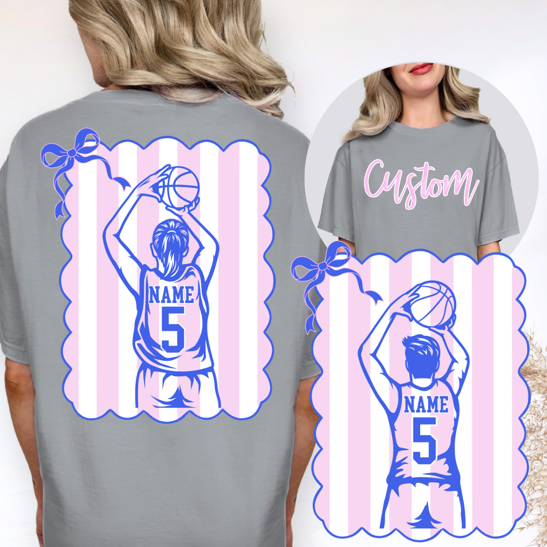 Custom Coquette Bow Stripes Basketball Top mockup showing the front and back design.