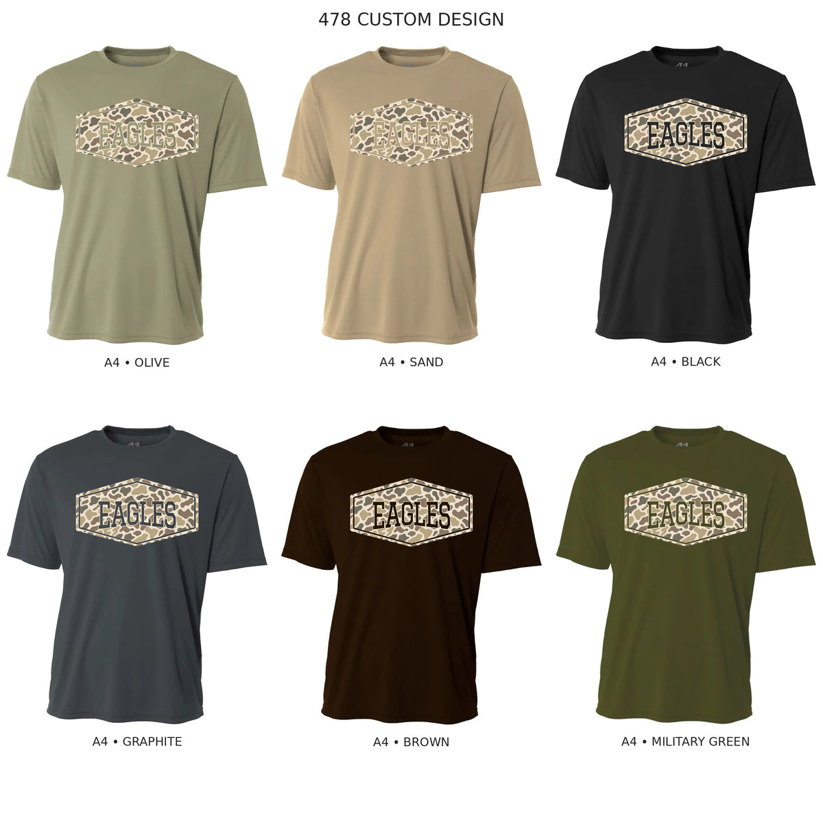 Eagles clean camo badge, negative space, on A4 Olive, Sand, Black, Graphite, Brown and Military Green shirts