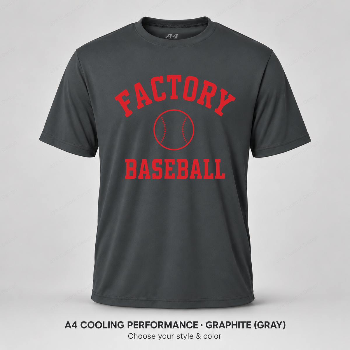 Factory Baseball collegiate arch — smaller ball and fine stitching — A4 performance — Graphite