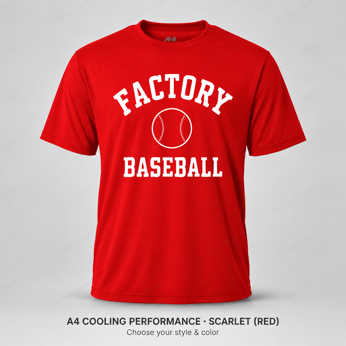 Factory Baseball collegiate arch — smaller ball and fine stitching — A4 performance — Scarlet