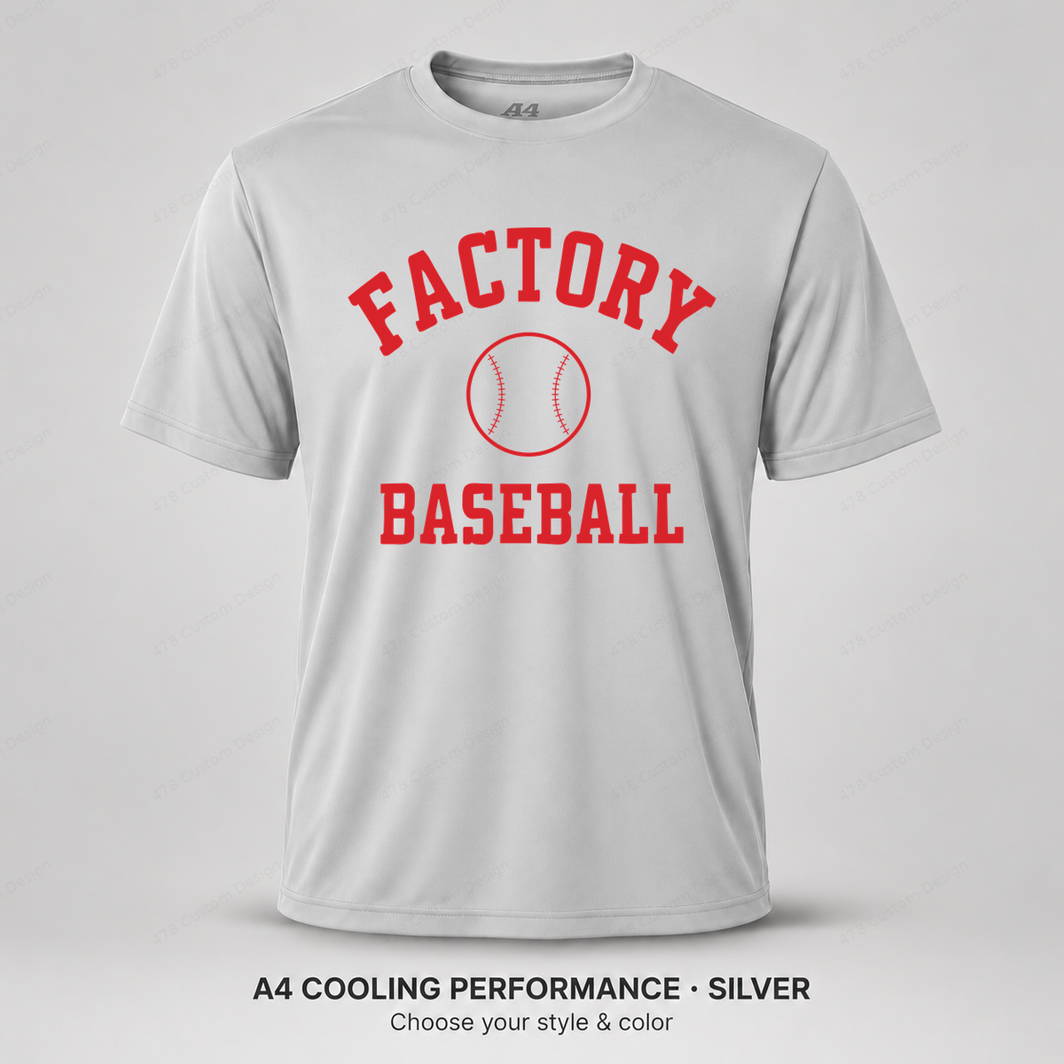 Factory Baseball collegiate arch — smaller ball and fine stitching — A4 performance — Silver