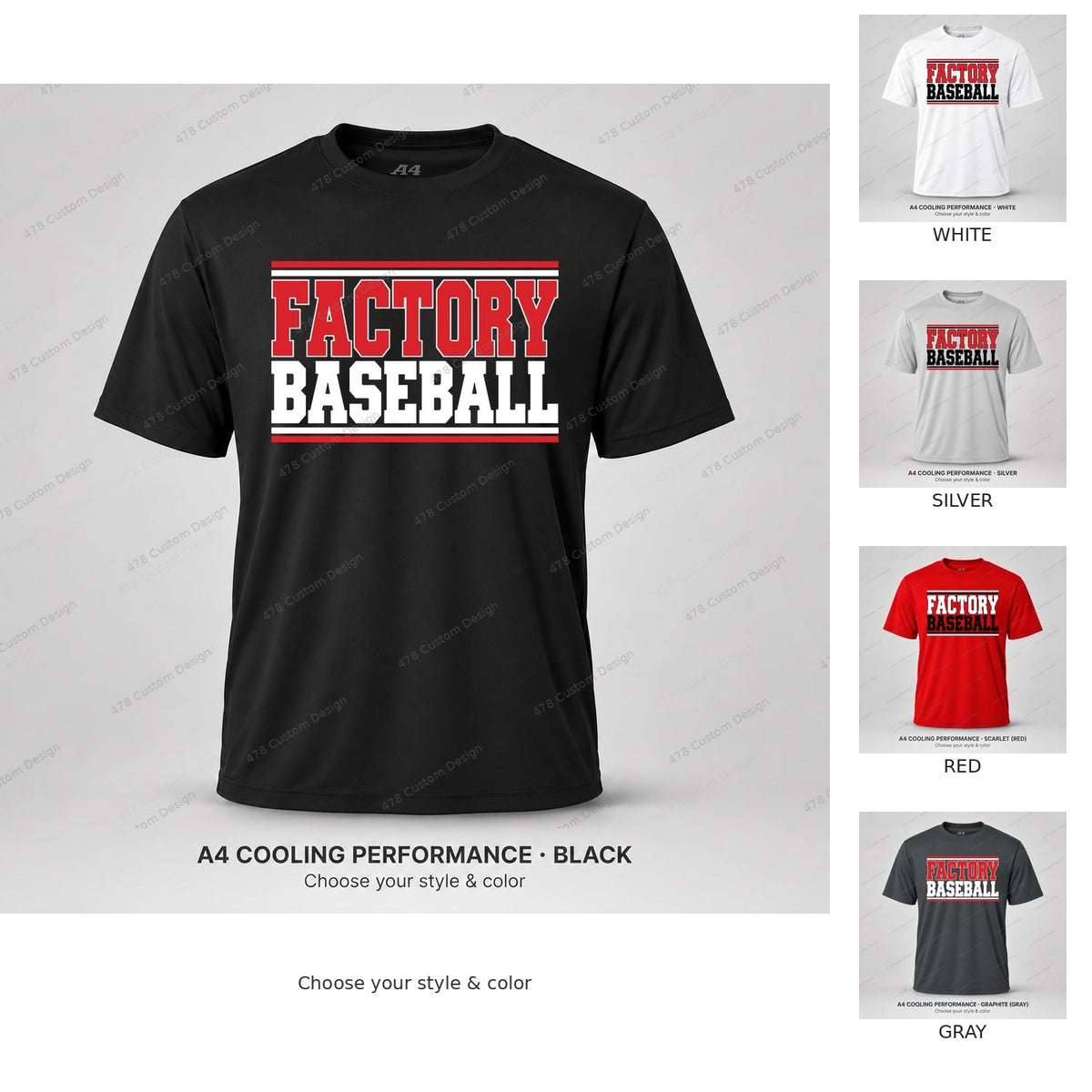 Factory Baseball — Varsity Stripes — all shirt colors — consistent cover with 478 Custom Design watermark