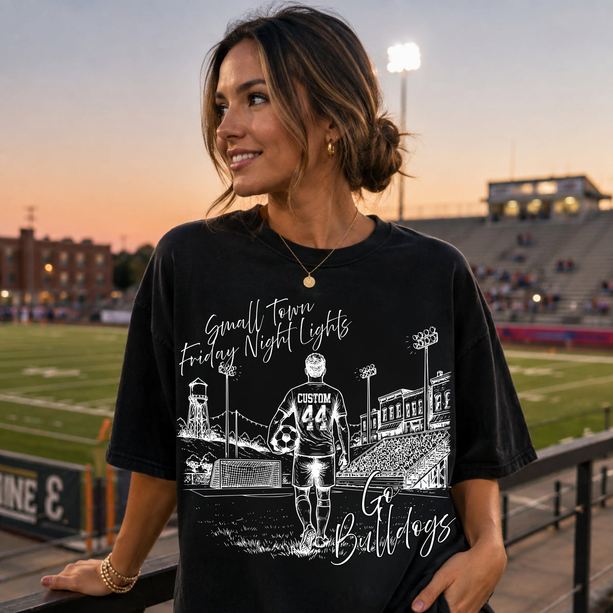 Custom Soccer (Male And Female) Friday Night Lights Top mockup showing the pictured apparel design.