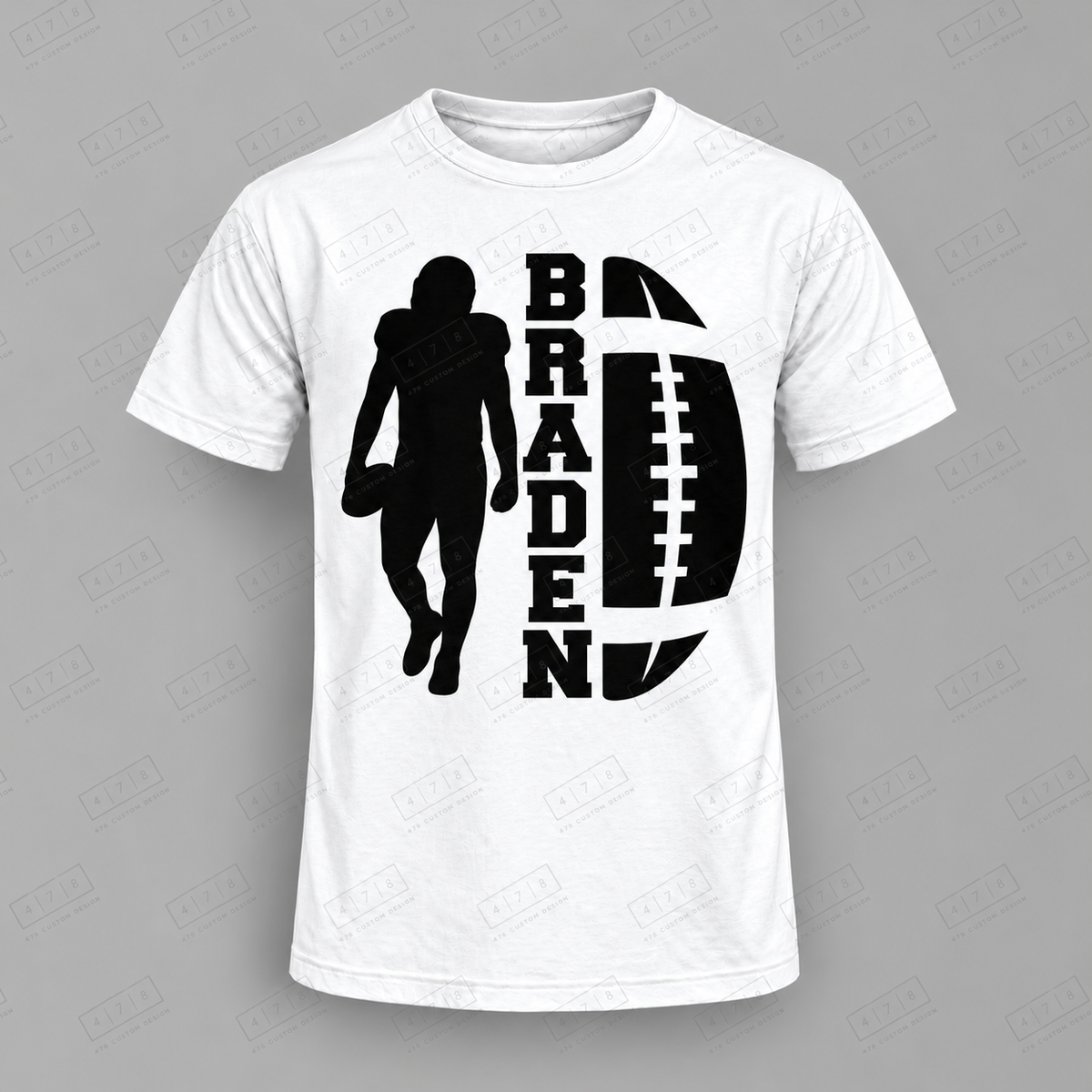 Custom Outline Name Number Football Top white shirt mockup with 478 Custom Design watermark