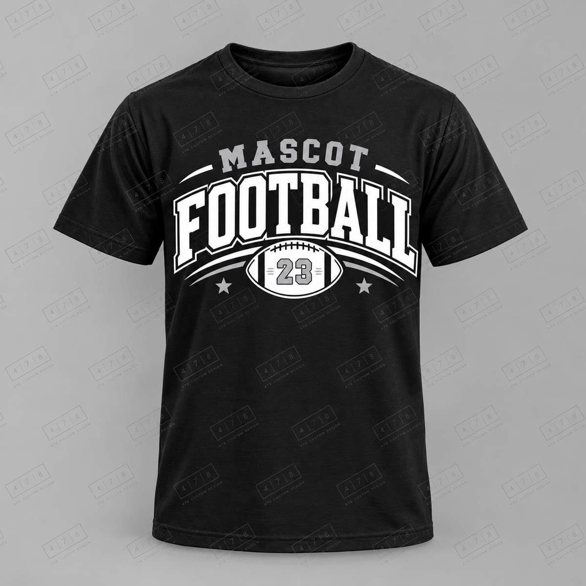 Custom Heart Ball Year Football Top black shirt mockup with 478 Custom Design watermark