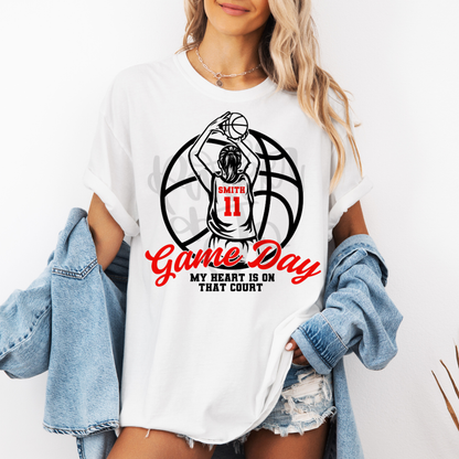 Custom Girls Basketball My Heart Is On That Court Top mockup showing the pictured apparel design.