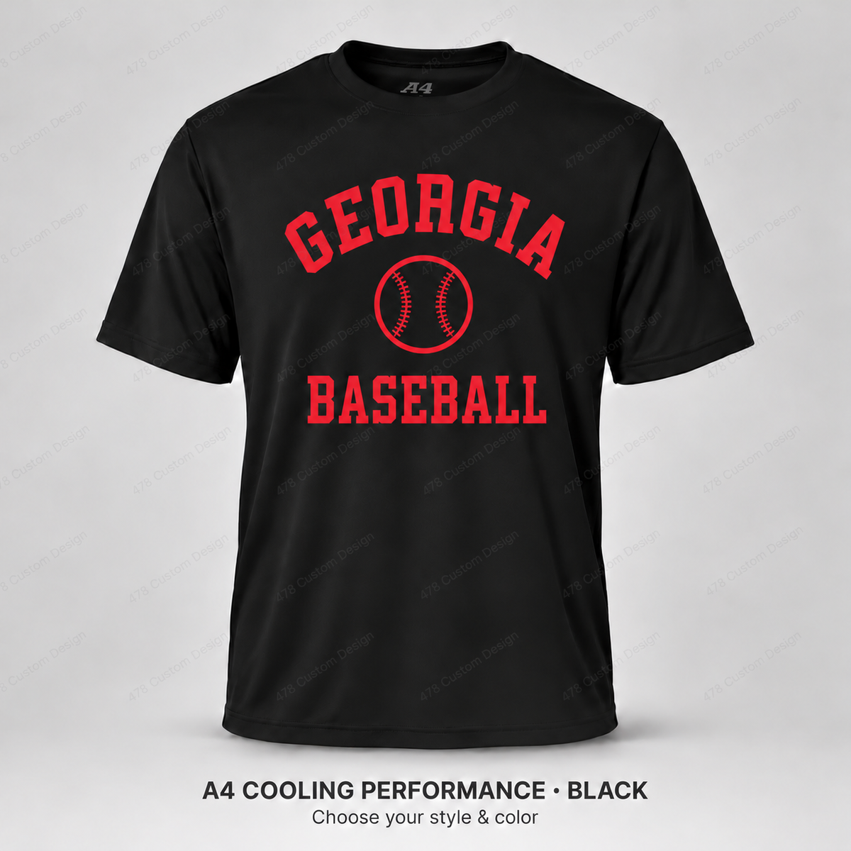 Georgia Baseball collegiate arch with smaller outlined baseball and fine stitching — black A4 performance shirt