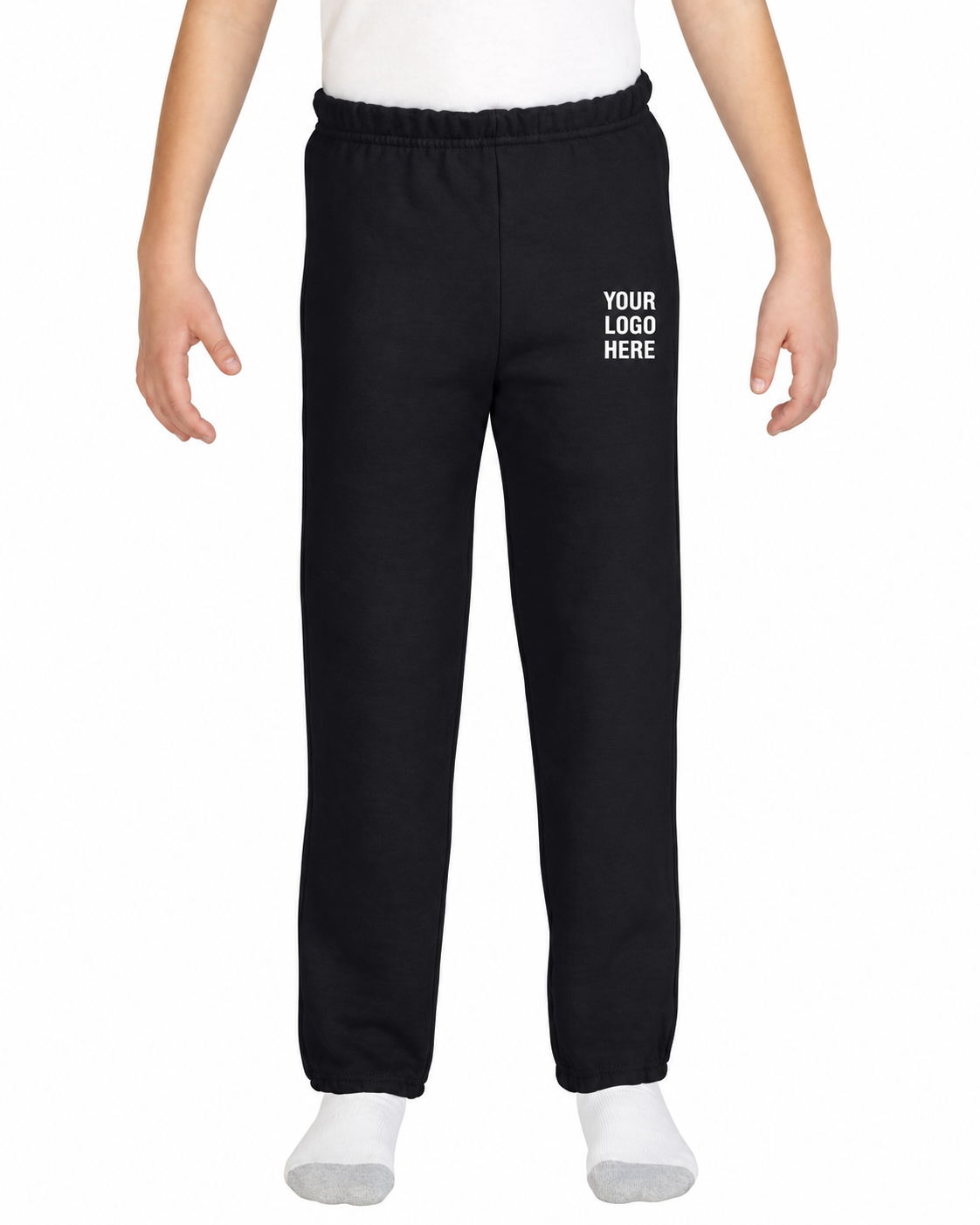 Gildan 18200B with YOUR LOGO HERE marking the included front left thigh placement