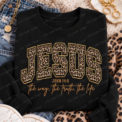 Jesus leopard varsity John 14:6 design on a black sweatshirt