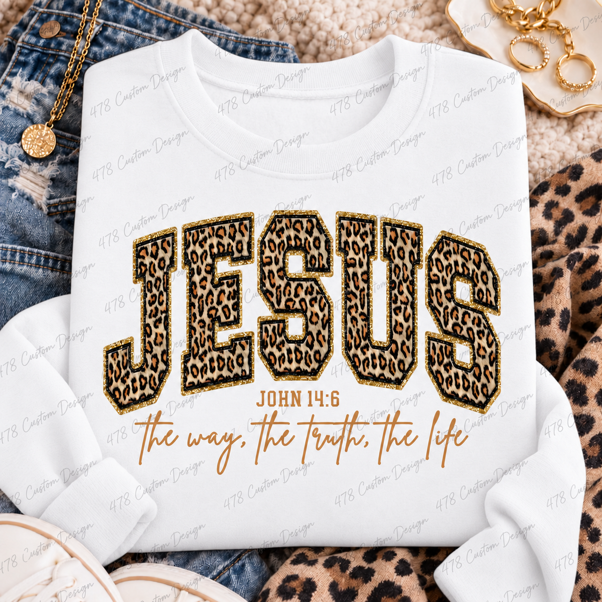 Jesus leopard varsity John 14:6 design on a white sweatshirt