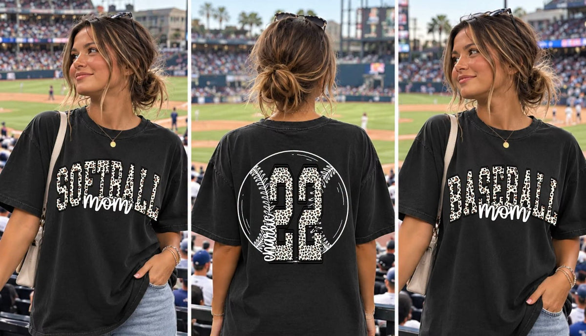 Leopard Softball Mom and Baseball Mom fronts with optional personalized leopard number back