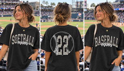 Leopard Softball Mom and Baseball Mom fronts with optional personalized leopard number back