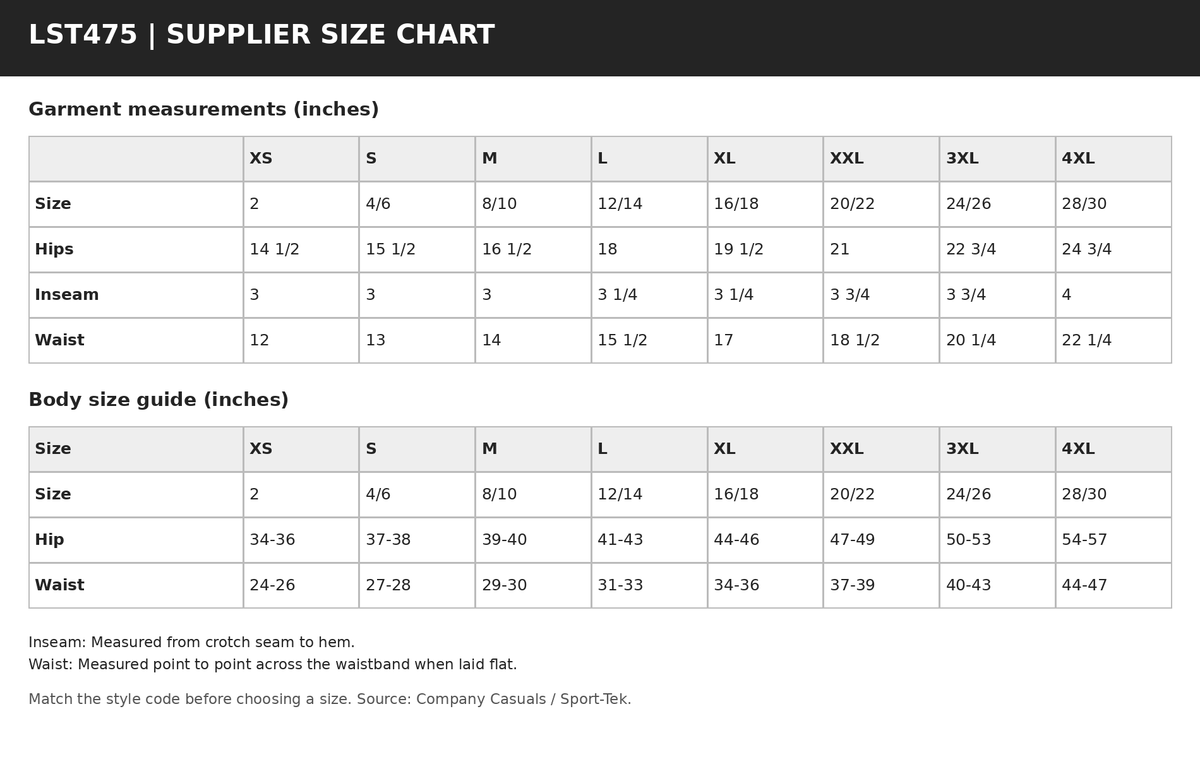 LST475 supplier garment measurements and body size guide in inches