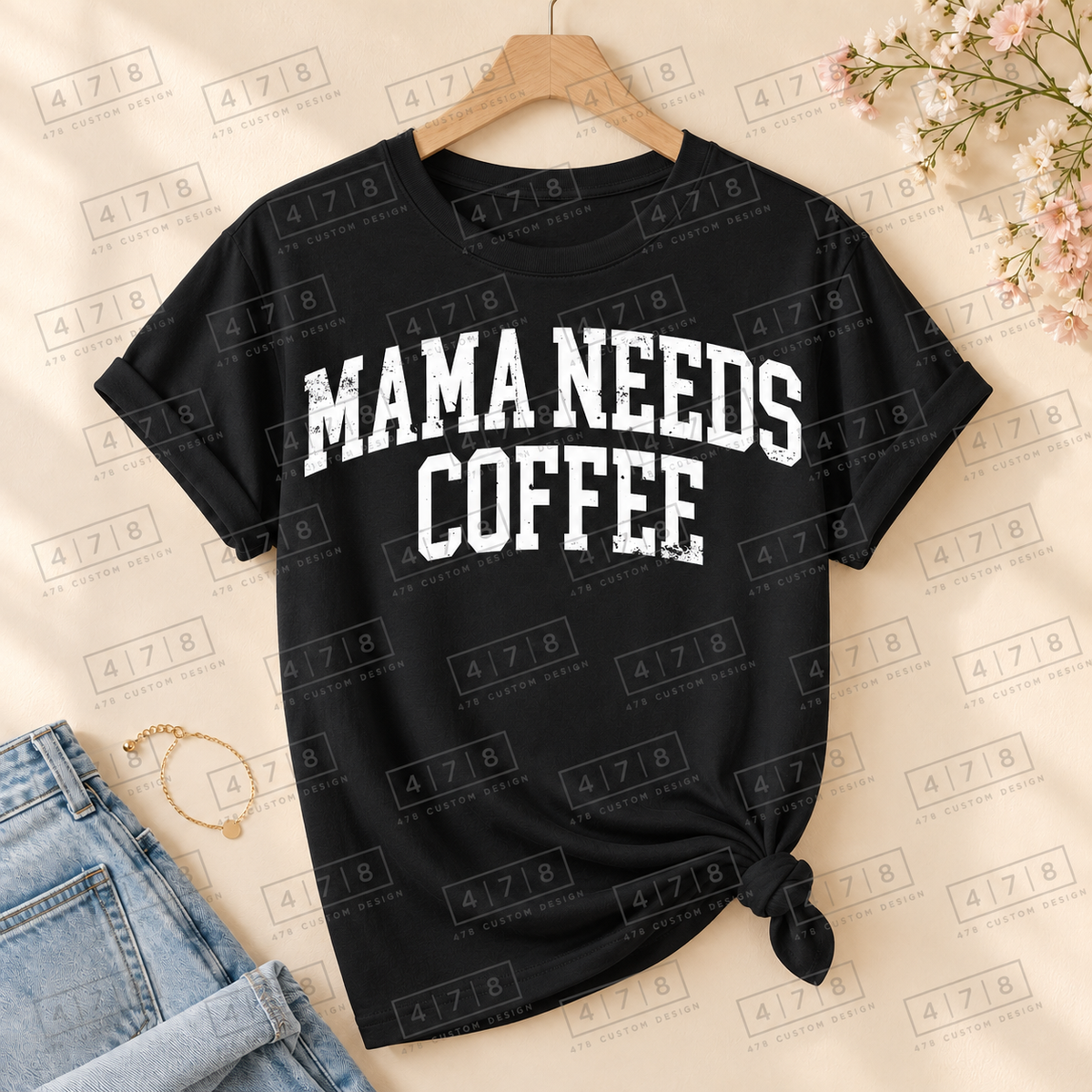 001 Mama Needs Coffee wht DISTRESSED on a black shirt