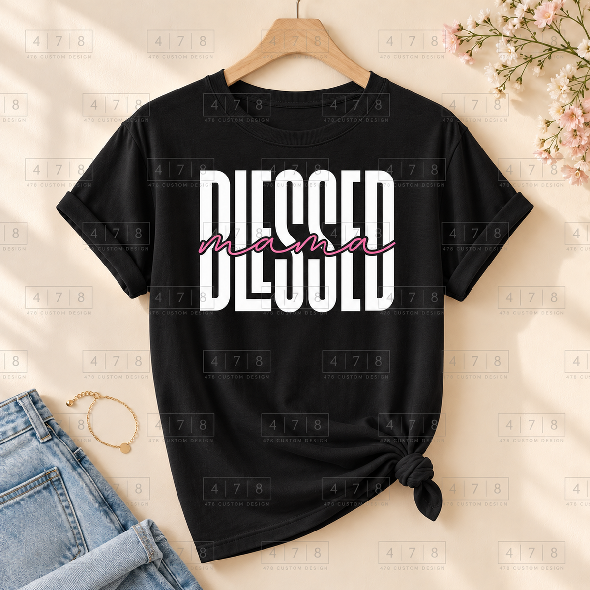 004 Blessed Mama wht on a black shirt