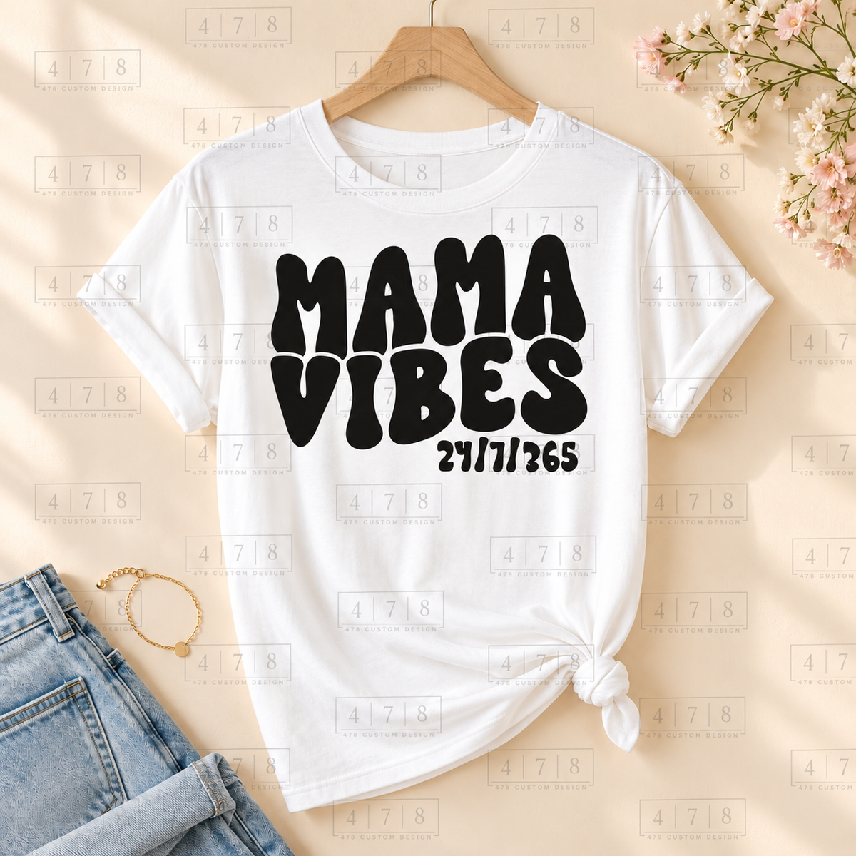 005 Mama Vibes SMOOTH blk on a white shirt