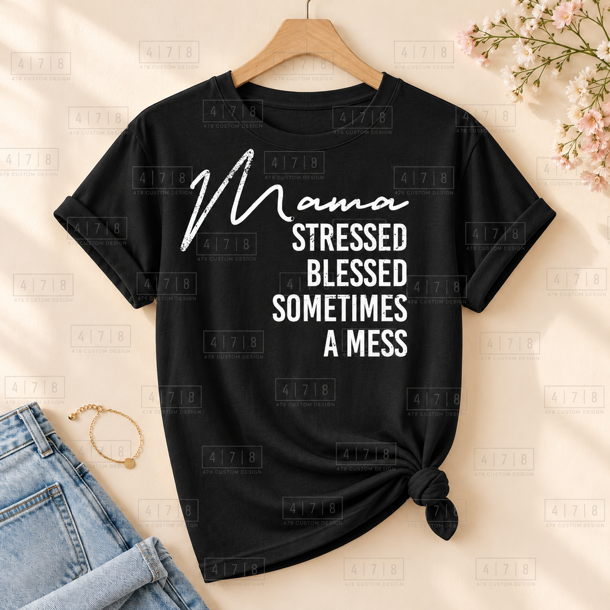 007 Mama Stressed Blessed DISTRESSED wht on a black shirt