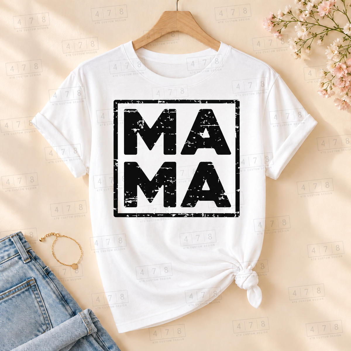 008 Mama DISTRESSED blk on a white shirt