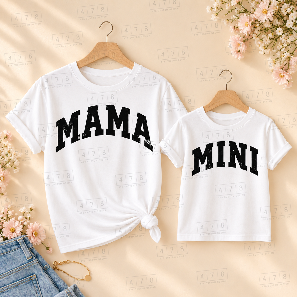 Matching Mama and Mini distressed designs in black ink on white shirts; each shirt sold separately