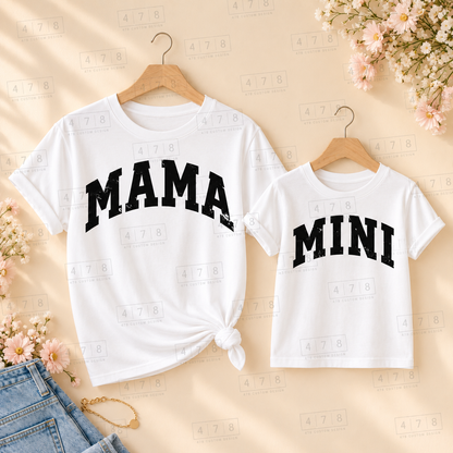 Matching Mama and Mini distressed designs in black ink on white shirts; each shirt sold separately