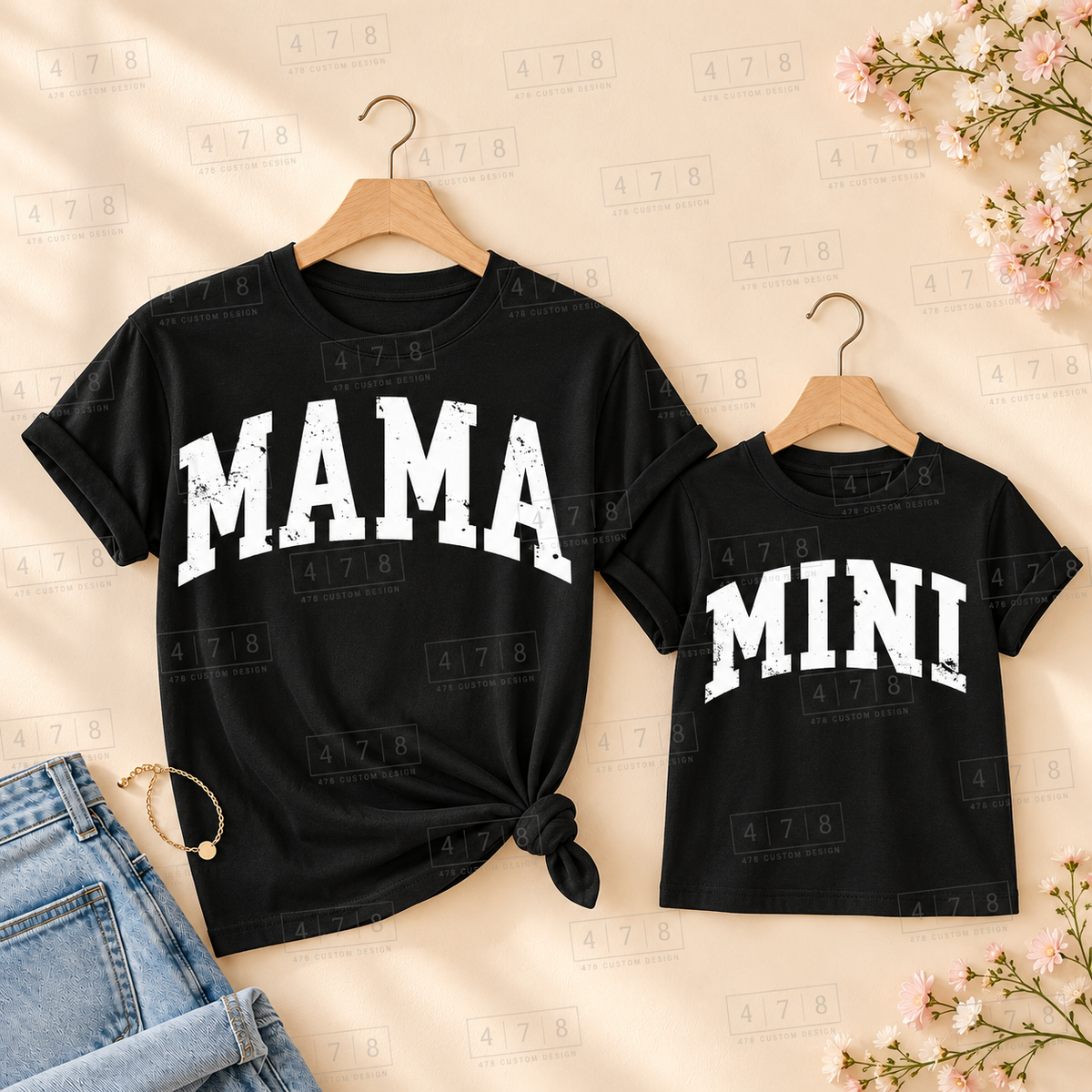 Matching Mama and Mini distressed designs in white ink on black shirts; each shirt sold separately