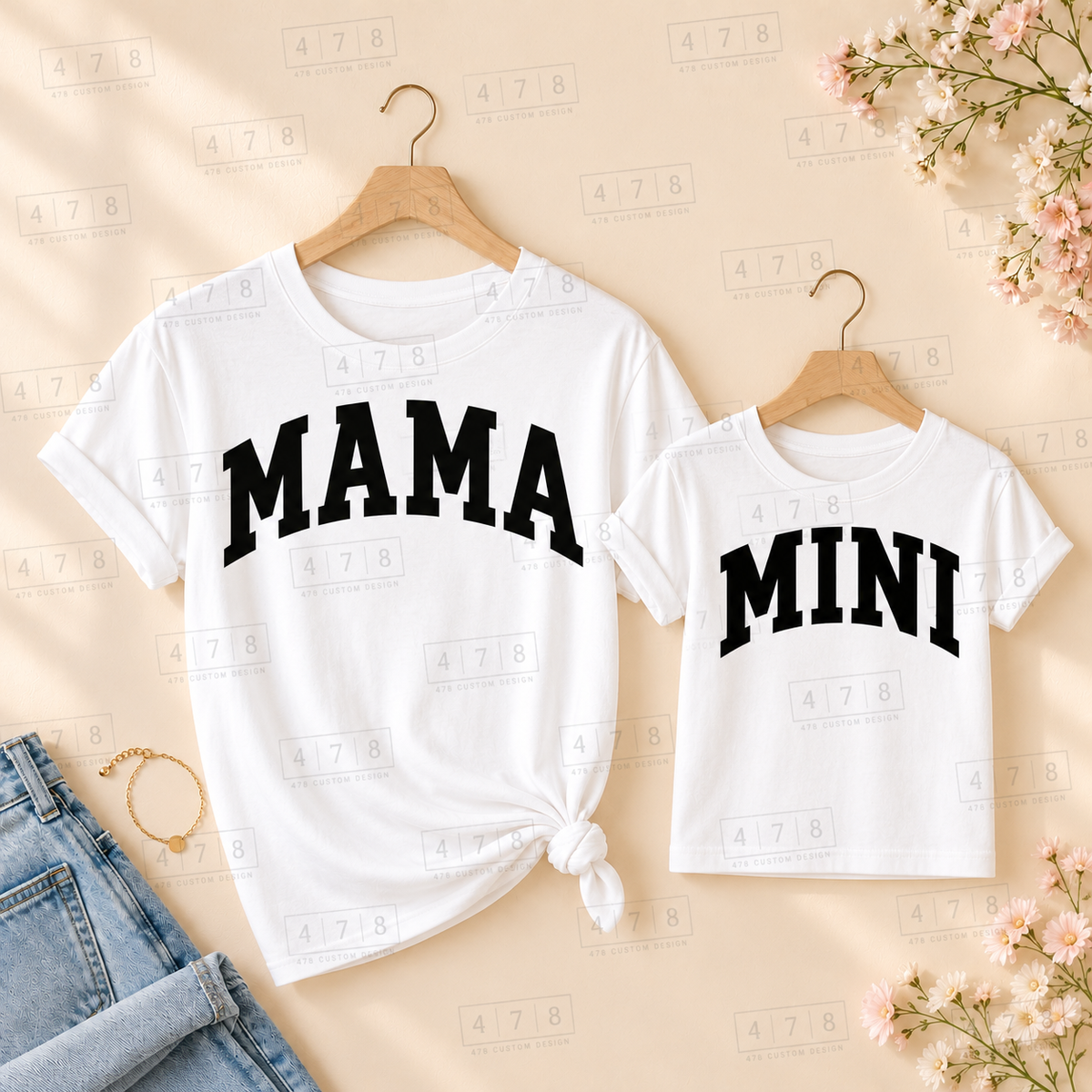Matching Mama and Mini smooth designs in black ink on white shirts; each shirt sold separately