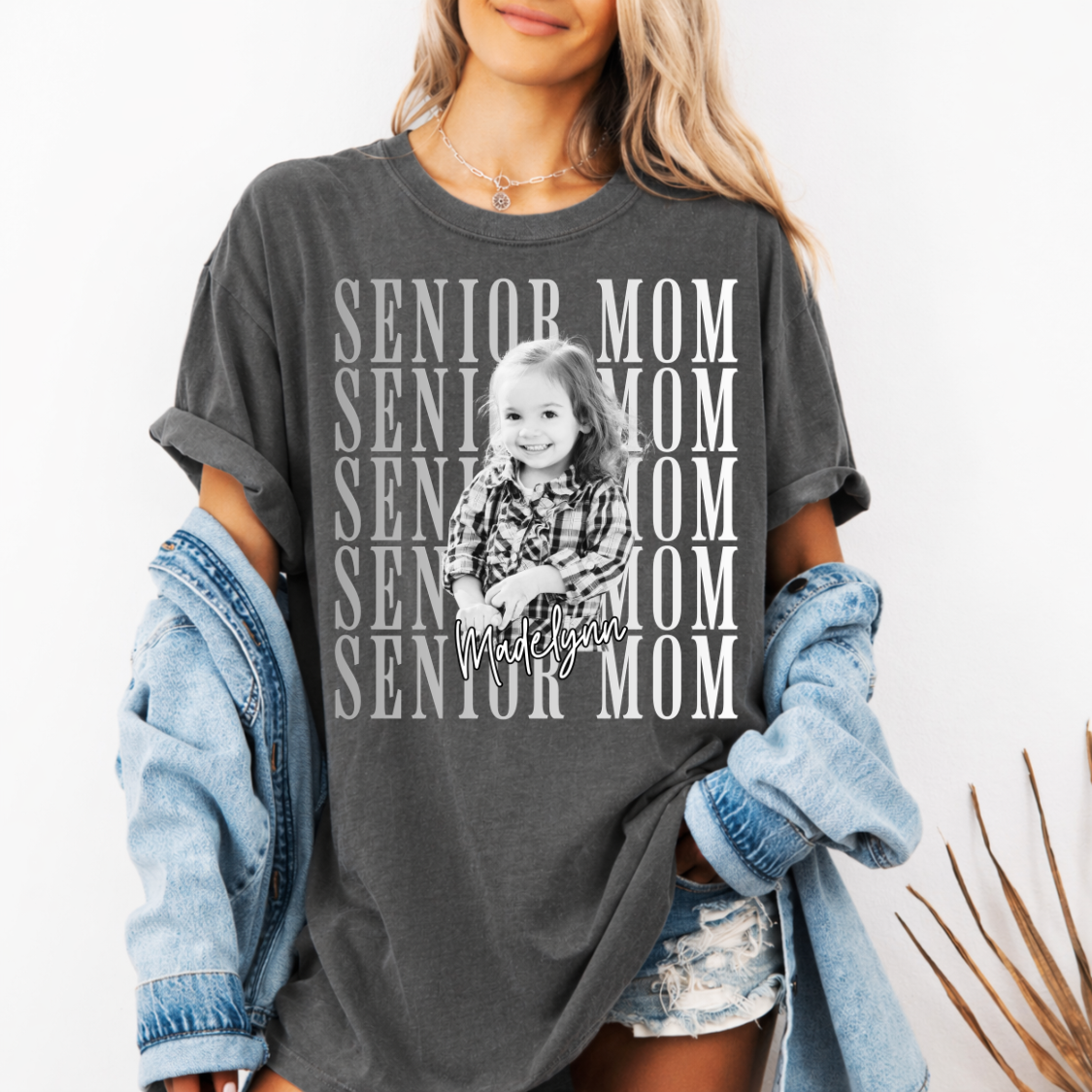 Custom Senior Mom Photo Photo Top mockup showing the pictured apparel design.