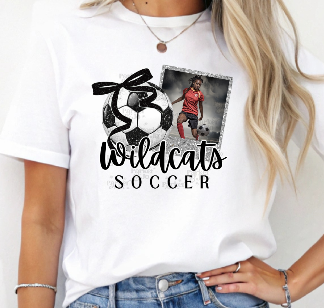 Custom Soccer Faux Glitter Bow Photo Frame Top mockup showing the pictured apparel design.