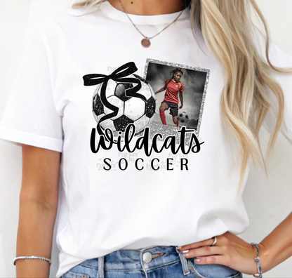 Custom Soccer Faux Glitter Bow Photo Frame Top mockup showing the pictured apparel design.