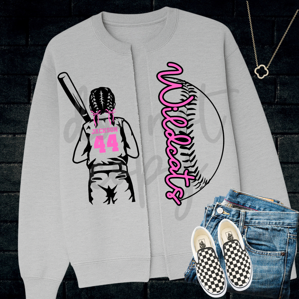 Custom Softball Braids Split Sweatshirt Top mockup showing the pictured apparel design.