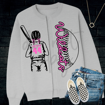 Custom Softball Braids Split Sweatshirt Top mockup showing the pictured apparel design.