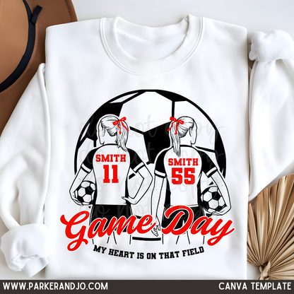 Custom Two Soccer Sisters Top mockup showing the pictured apparel design.
