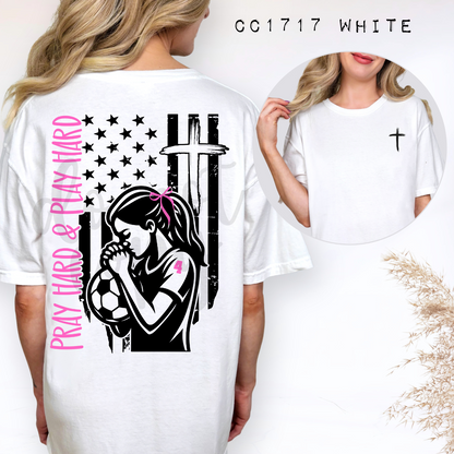Custom Pray Hard And Play Hard Girls Soccer Top mockup showing the front and back design.